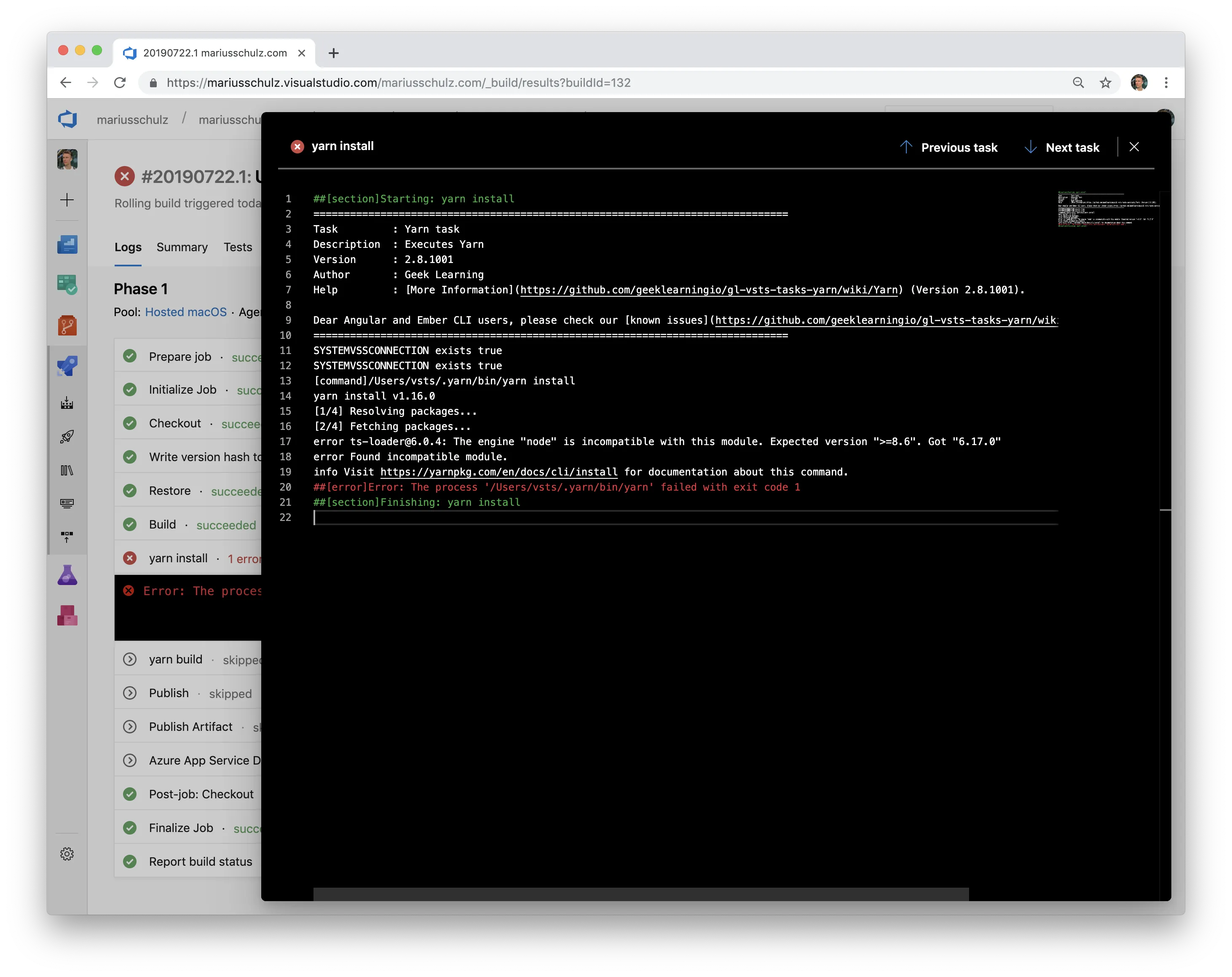 Failed build step "yarn install" in Azure DevOps pipeline
